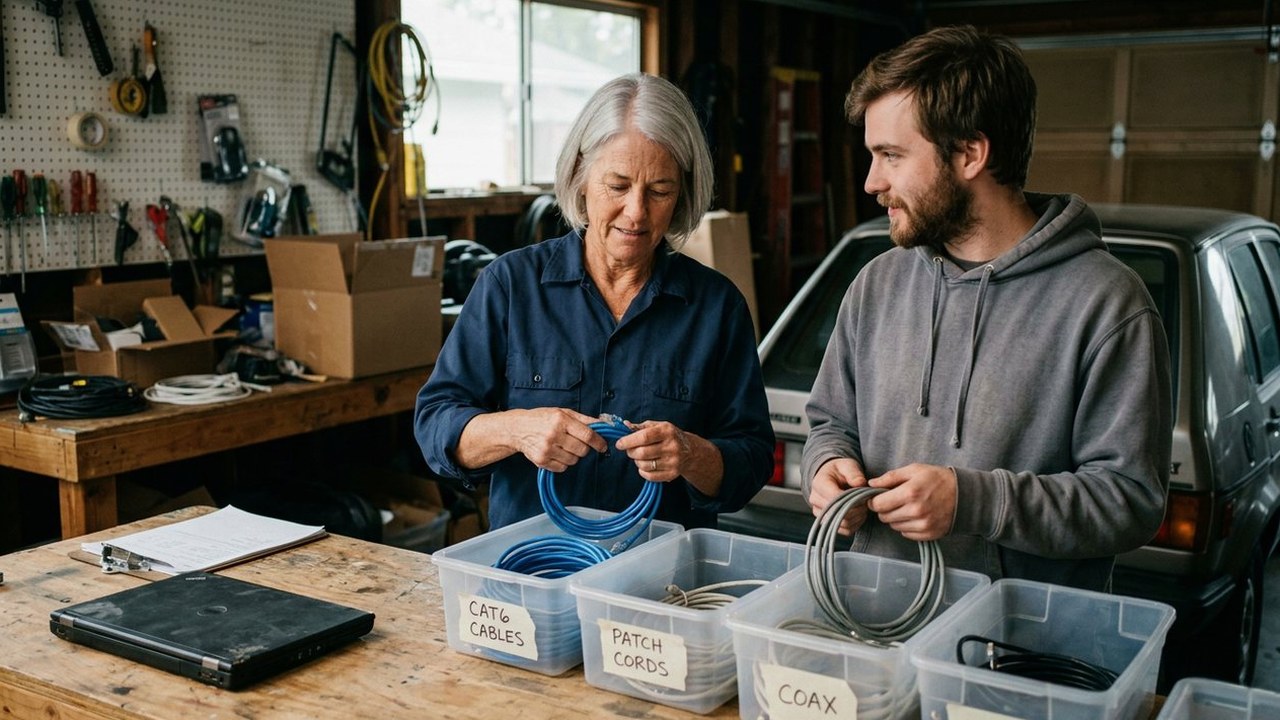 Woman and adult son coiling cables at a garage workbench