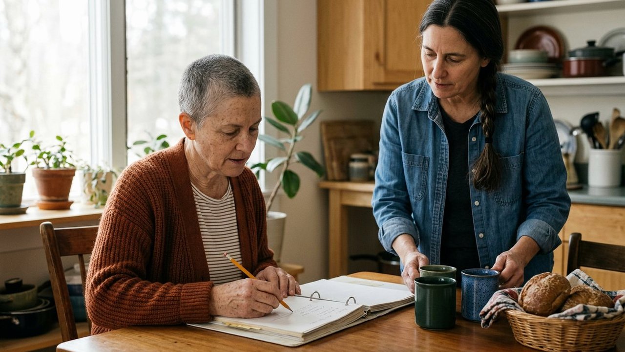 Two women at a desk with an open retirement planning binder