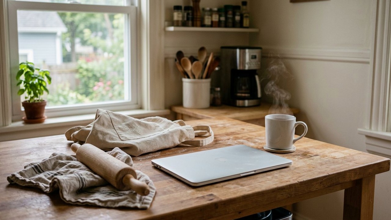 Kitchen counter with closed laptop, tea mug and flour-dusted apron