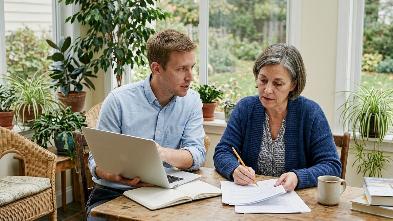 Business owner and younger colleague reviewing statements in a sunroom