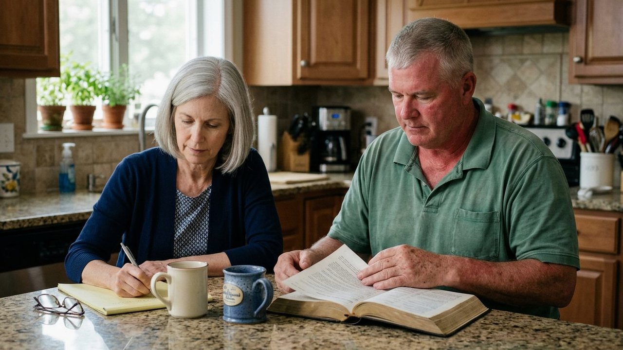 Couple at kitchen island with notepad and financial planning book