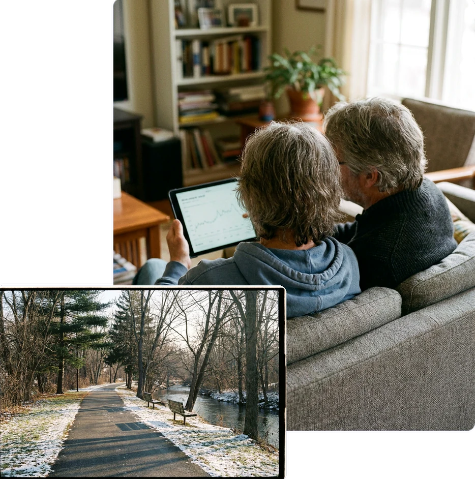 Two people viewing financial documents on a tablet together.