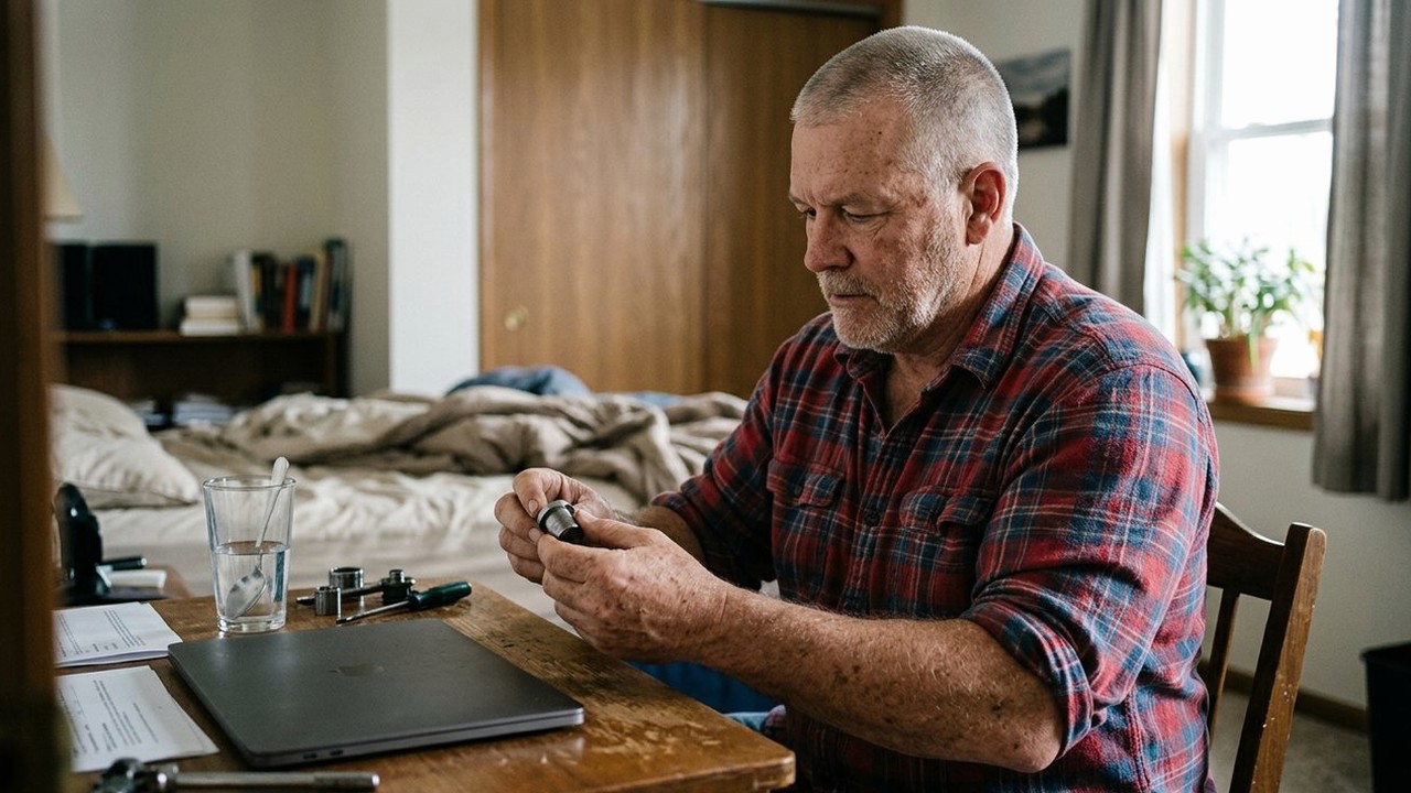 Man at bedroom desk turning a small machined part