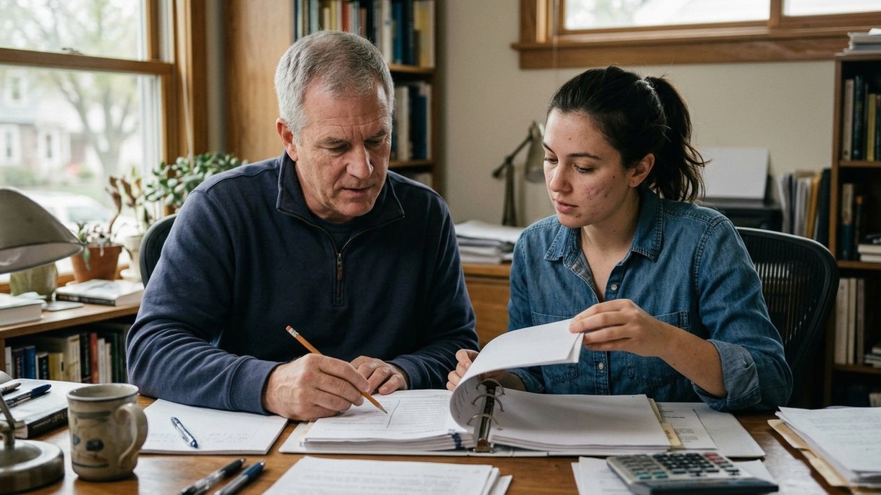 Father and adult daughter reading a retirement planning binder at a desk