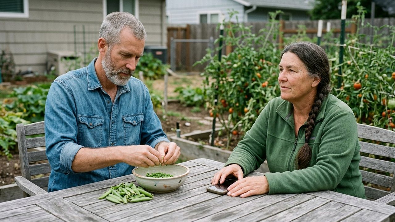 Two friends at a garden table shelling peas, phone face-down