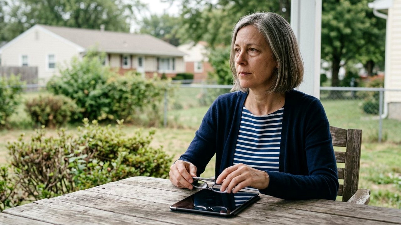 Woman in her fifties folding reading glasses at a porch table