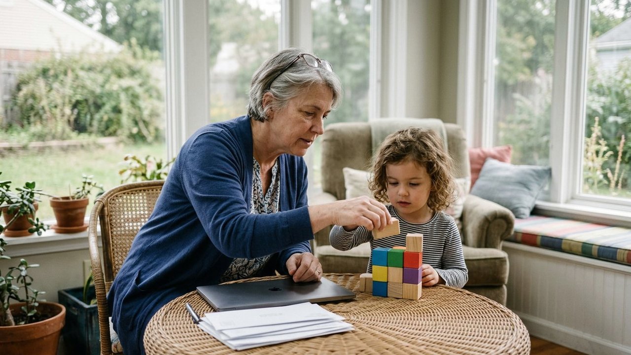 Grandmother and granddaughter stacking wooden blocks beside statements in a sunroom