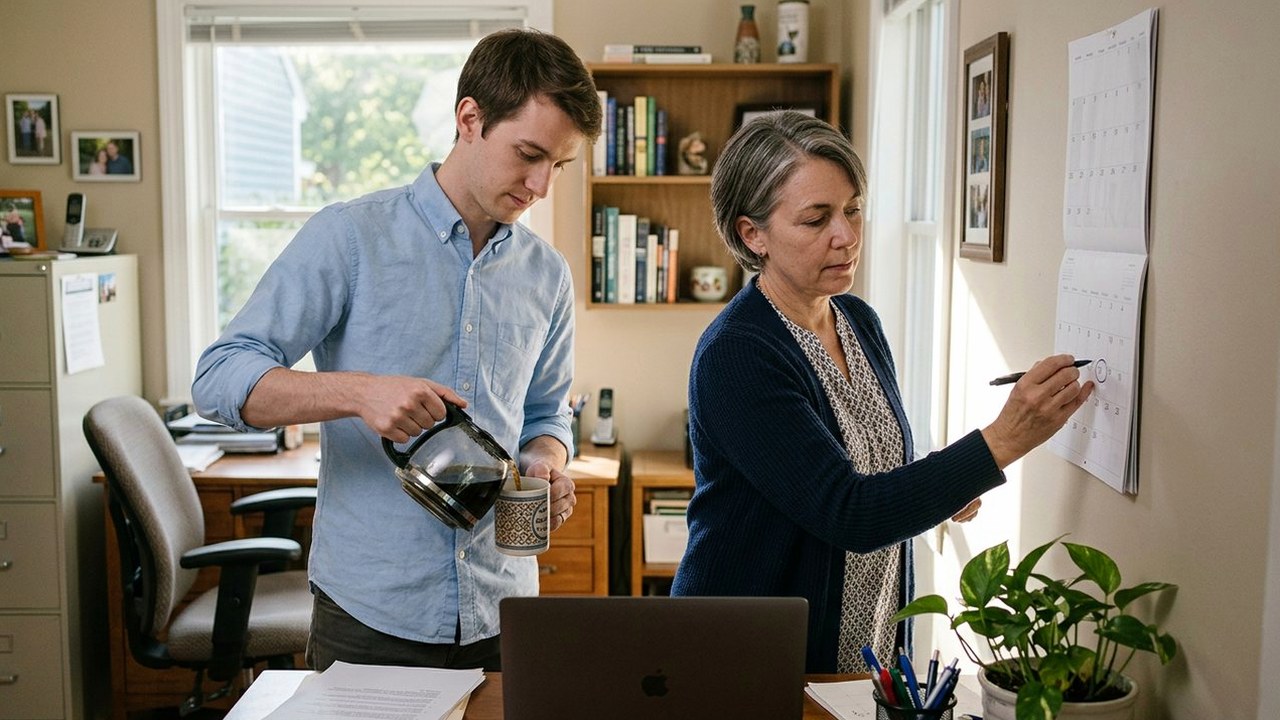 Business owner marks a wall calendar while colleague pours coffee