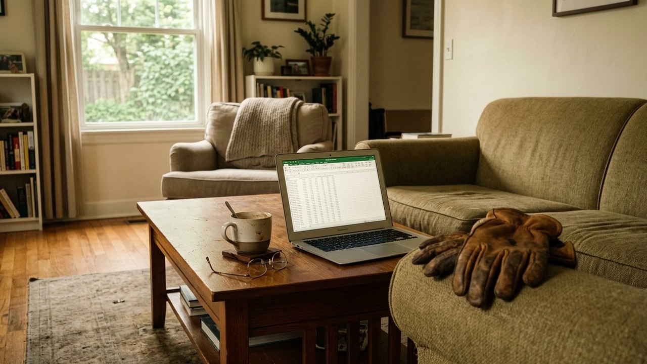 Living room coffee table with laptop, coffee mug and work gloves