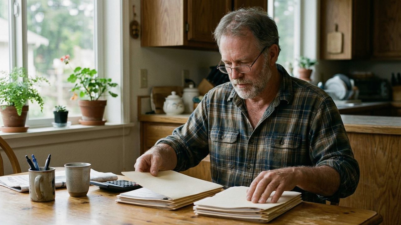 Man in flannel shirt sorting folders at a kitchen table